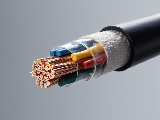 High voltage power cable product close-up, copper core cable structure clearly visible, insulation layers tightly wrapped, smooth black outer sheath