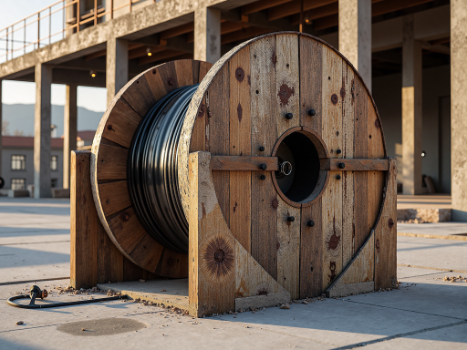 Modern wire and cable factory exterior, large industrial building with green vegetation surrounding, sunny day with blue sky