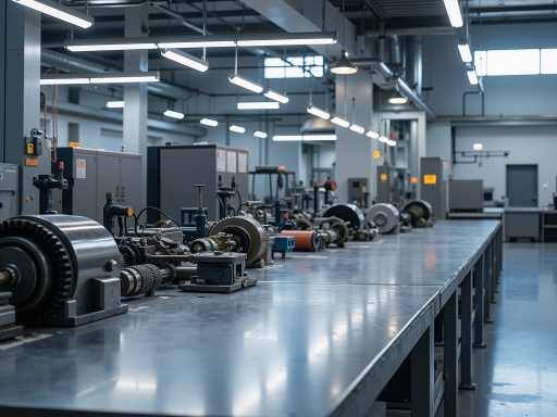 Modern wire and cable production line equipment, industrial factory interior with workers operating precision machinery, metal wire materials stacked neatly, blue industrial background